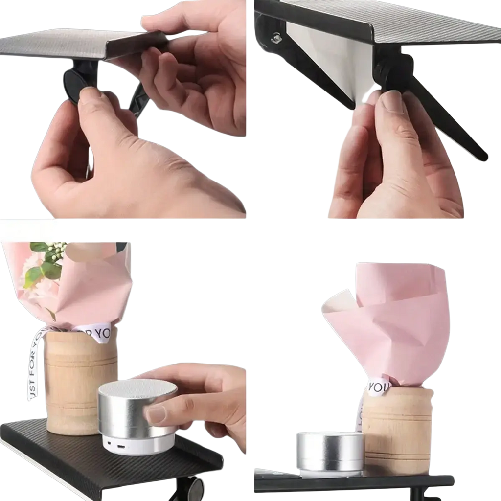 Silver cylindrical portable speaker with matte finish and white base on adjustable screen top storage shelf monitor stand