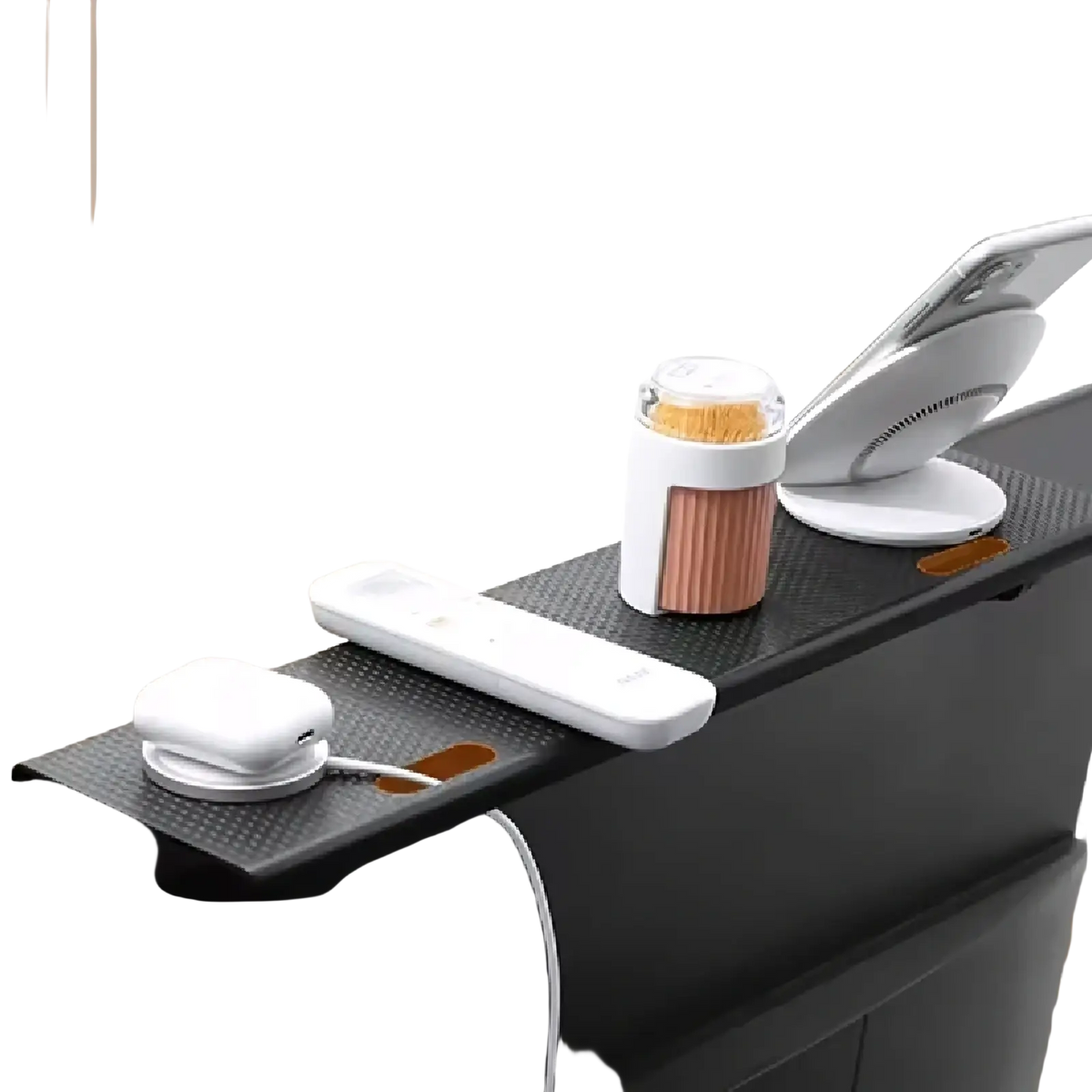 Adjustable screen top storage shelf monitor stand with a white wireless charging pad featuring sleek minimalist design and texture