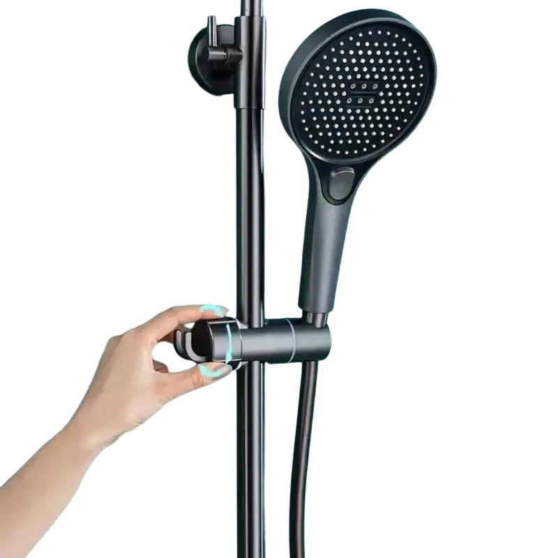 Black matte-finish adjustable shower head holder with sleek modern design mounted on slide bar for easy shower head positioning