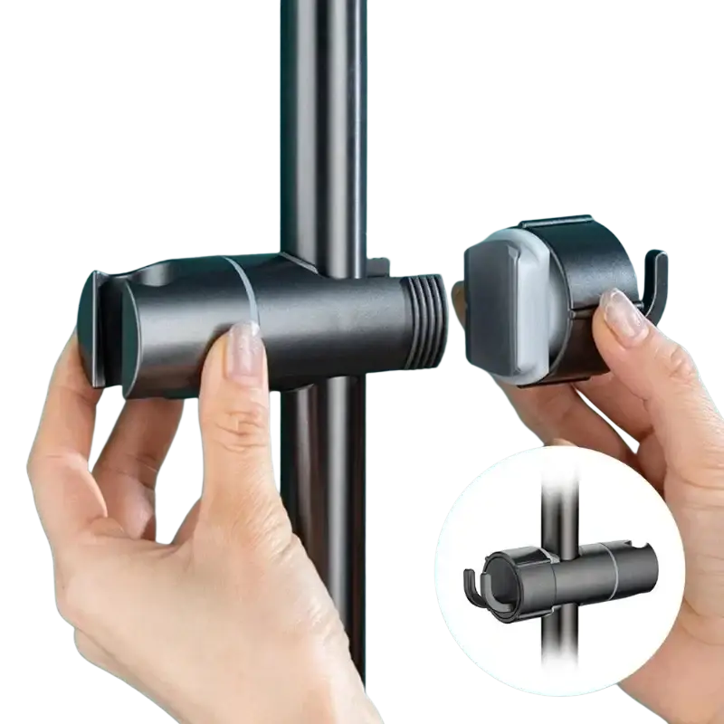 Black metal adjustable shower head holder with cylindrical design and integrated clamp for slide bar installation