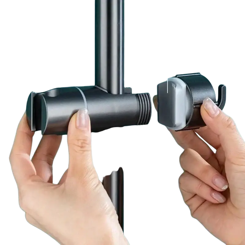 Black metal shower head holder end cap with built-in resin gasket for secure non-slip attachment on slide bar