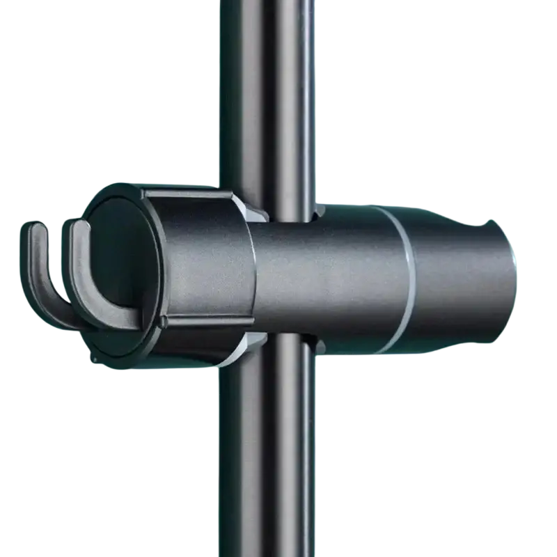 Black plastic adjustable shower head holder with curved hook and cylindrical body for slide bar mounting