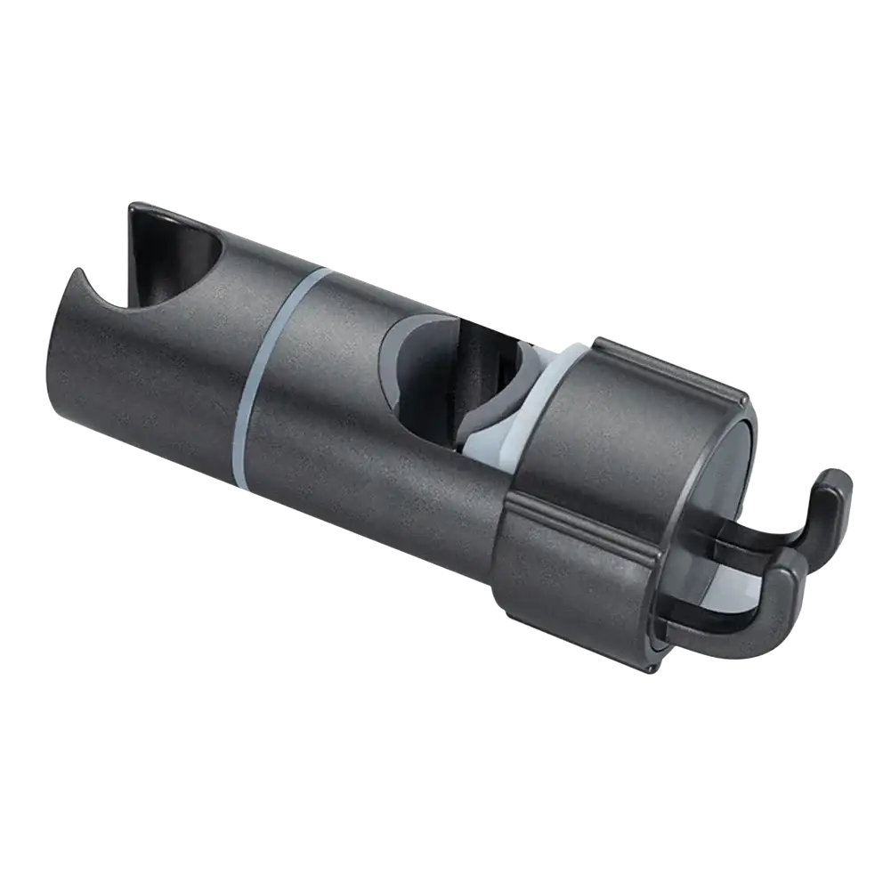 Adjustable black plastic shower head holder with gray accent and dual hook design for slide bar use