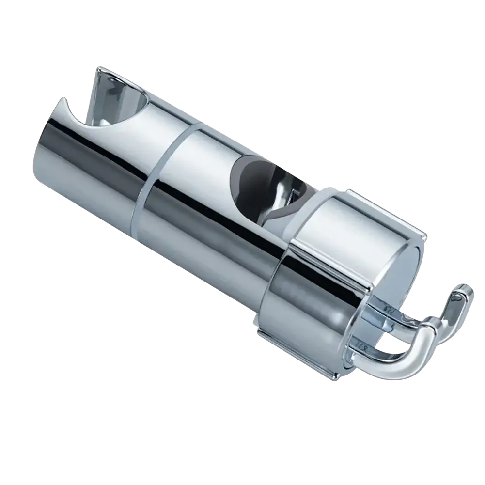 Chrome finished metal adjustable shower head holder with sleek cylindrical design and two integrated hooks for slide bar use