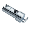 Chrome finished metal adjustable shower head holder with sleek cylindrical design and two integrated hooks for slide bar use