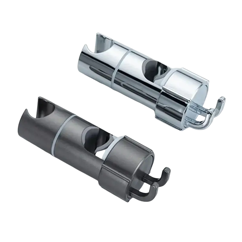 Adjustable chrome finished shower head holder with sleek cylindrical design and integrated hook for slide bar mounting