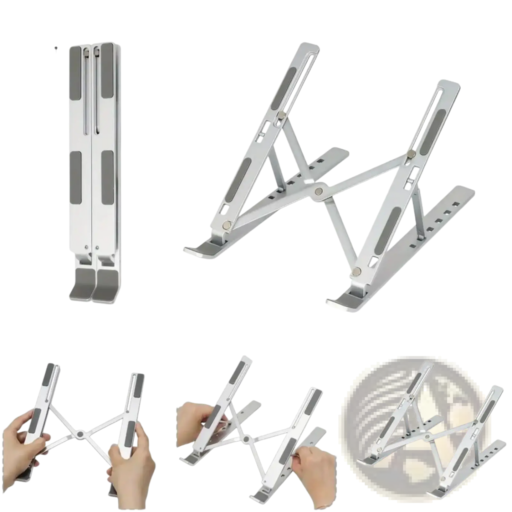 Adjustable silver aluminum laptop stand with foldable design and height adjustment for ergonomic use