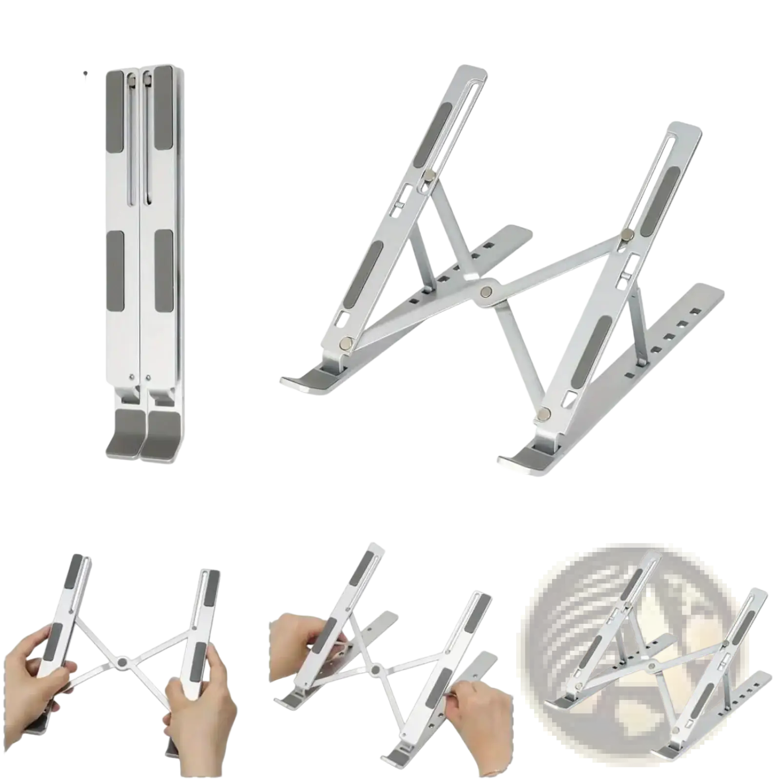 Adjustable silver aluminum laptop stand with foldable design and height adjustment for ergonomic use