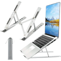 Adjustable silver aluminum laptop stand with built-in cable management slots and adjustable height for ergonomic use