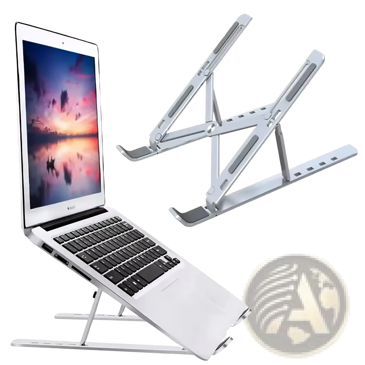 Adjustable silver aluminum laptop stand with foldable design and adjustable height for ergonomic use