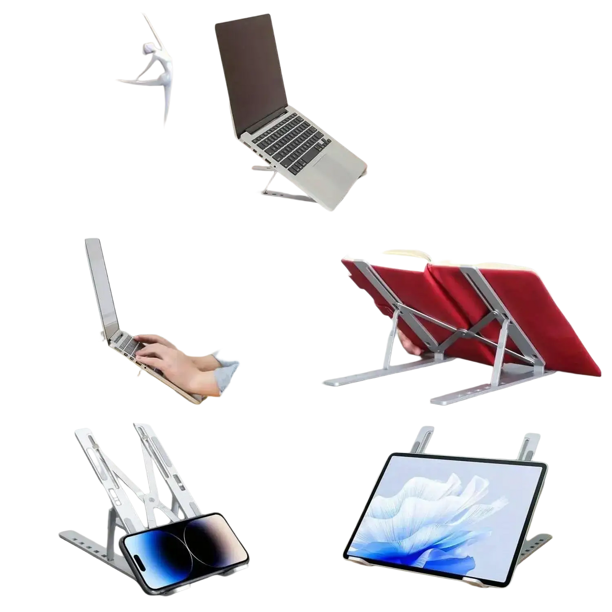 Silver adjustable aluminum laptop and tablet stand shown from the back with sturdy foldable design
