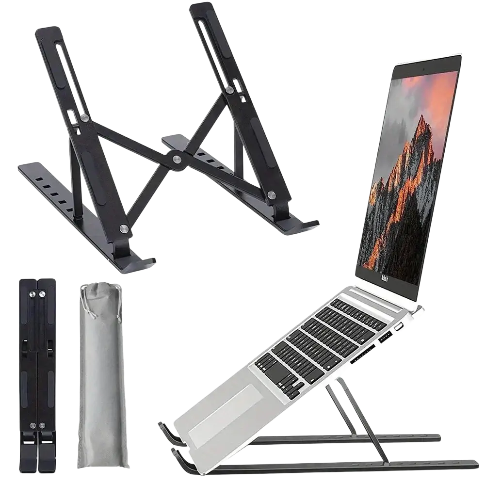 Adjustable black laptop stand with a sleek foldable design and sturdy metal construction for ergonomic use
