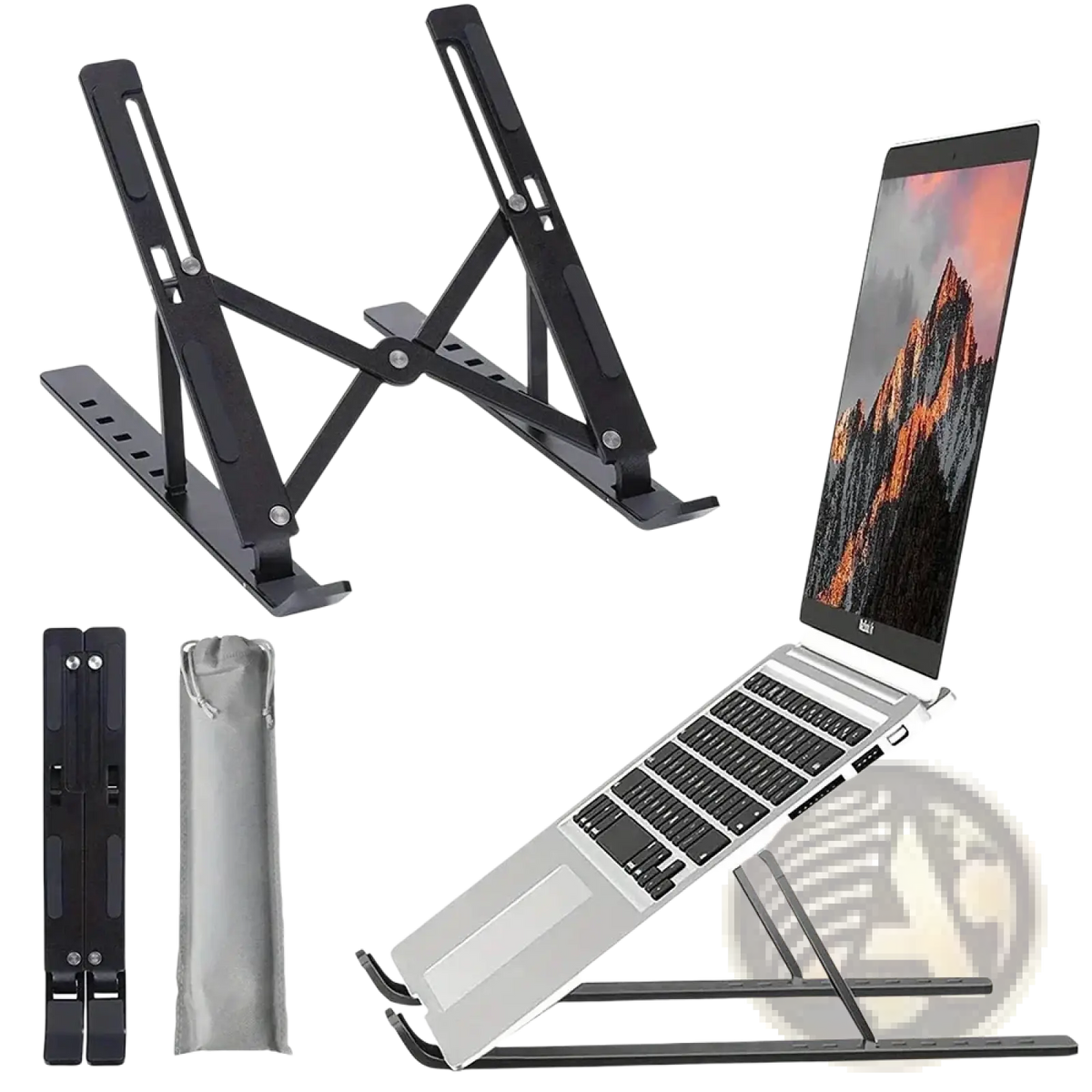 Adjustable black laptop stand with a sleek foldable design and sturdy metal construction for ergonomic use
