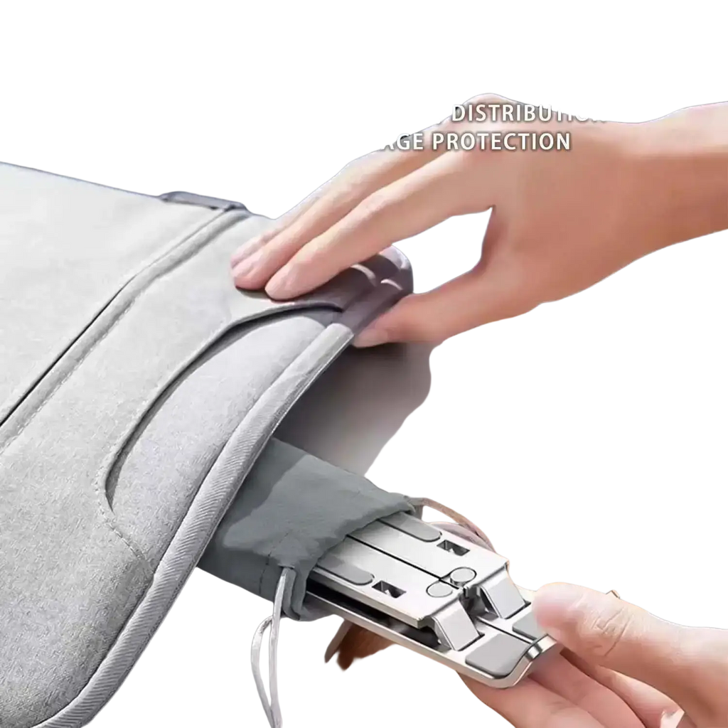 Gray fabric laptop sleeve with built-in silver aluminum adjustable stand designed for thin and foldable use
