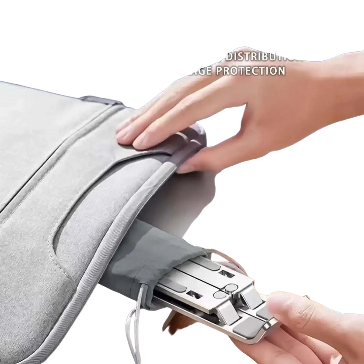 Gray fabric laptop sleeve with built-in silver aluminum adjustable stand designed for thin and foldable use