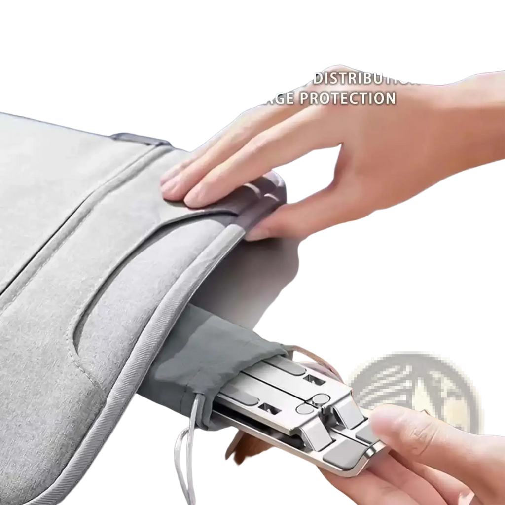Gray fabric laptop sleeve with built-in silver aluminum adjustable stand designed for thin and foldable use