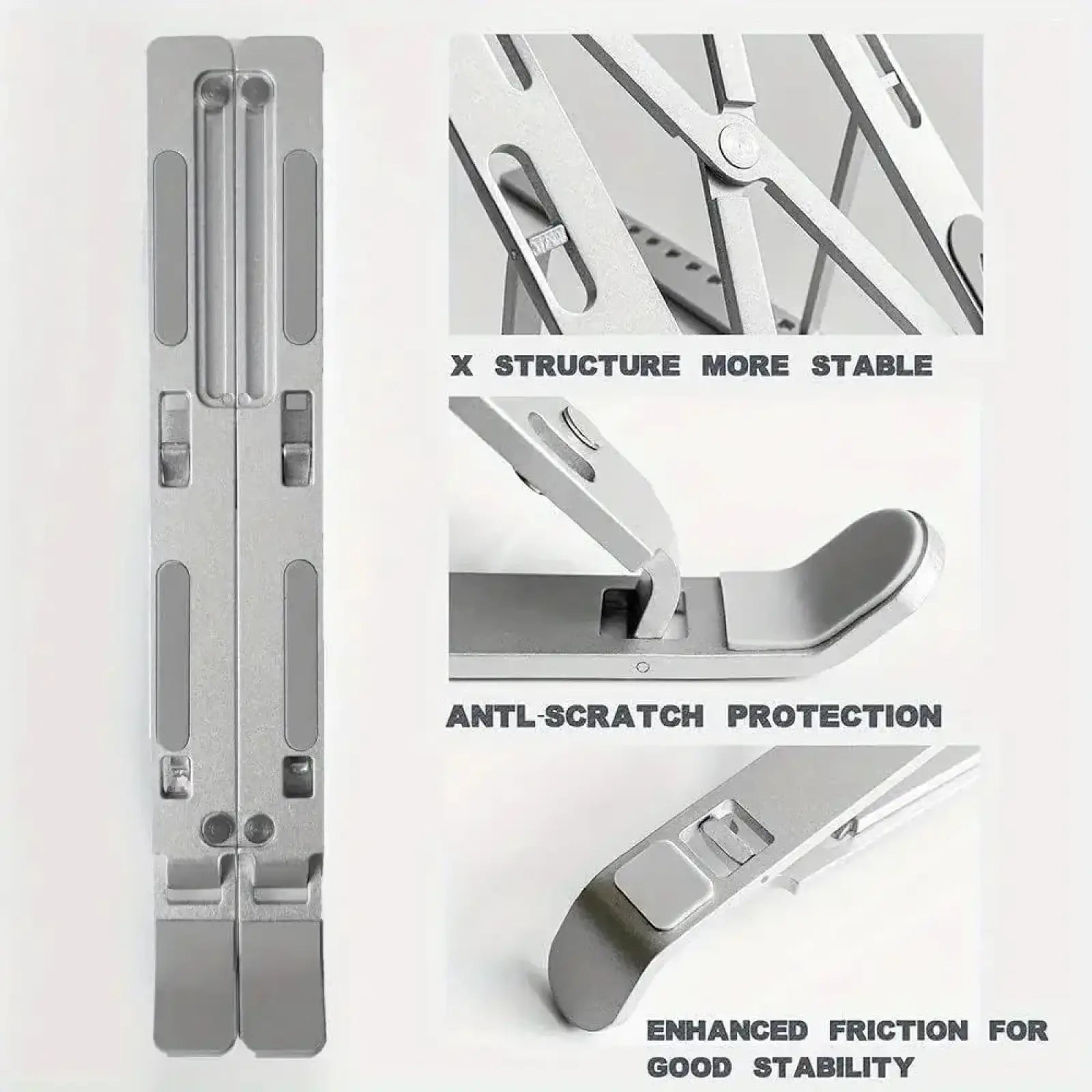 Adjustable silver aluminum laptop stand with x-shaped frame design and anti-scratch protective pads