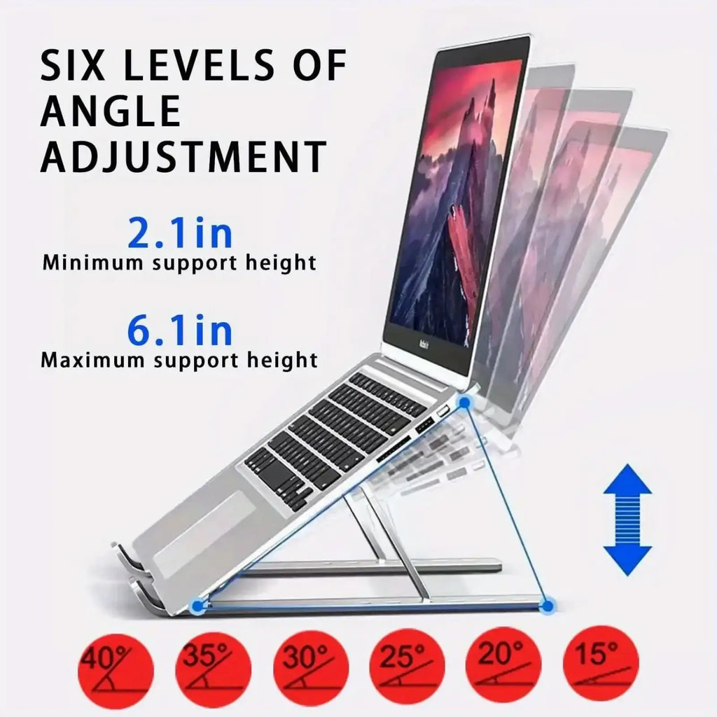 Adjustable silver aluminum laptop stand with six adjustable angle levels for ergonomic support and comfort