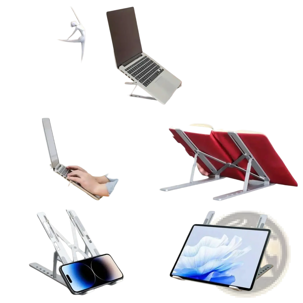 Silver adjustable aluminum laptop and tablet stand shown from the back with sturdy foldable design