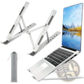 Adjustable silver aluminum laptop stand with built-in cable management slots and adjustable height for ergonomic use