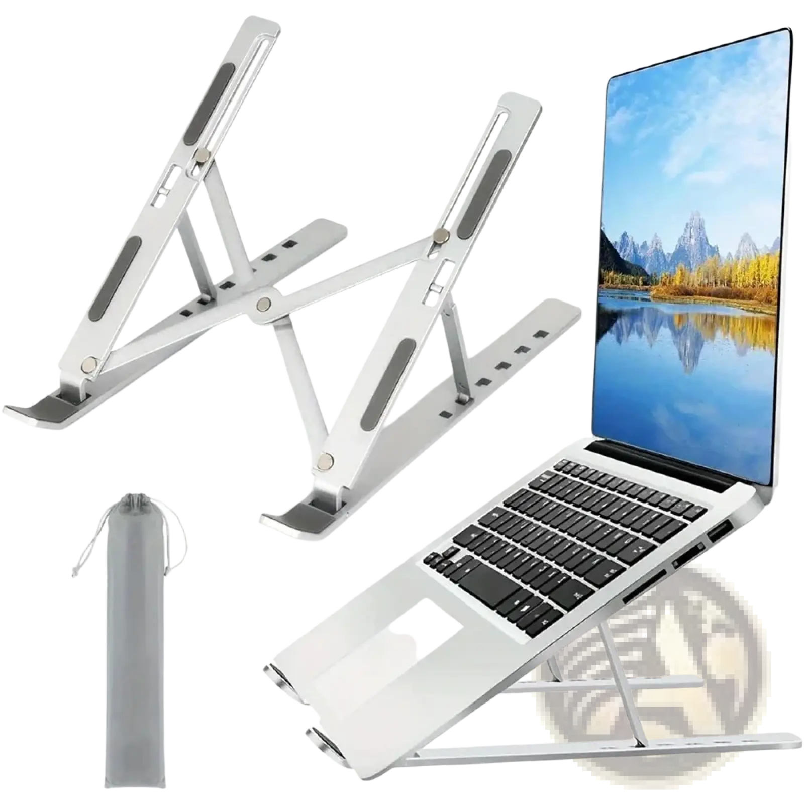 Adjustable silver aluminum laptop stand with built-in cable management slots and adjustable height for ergonomic use