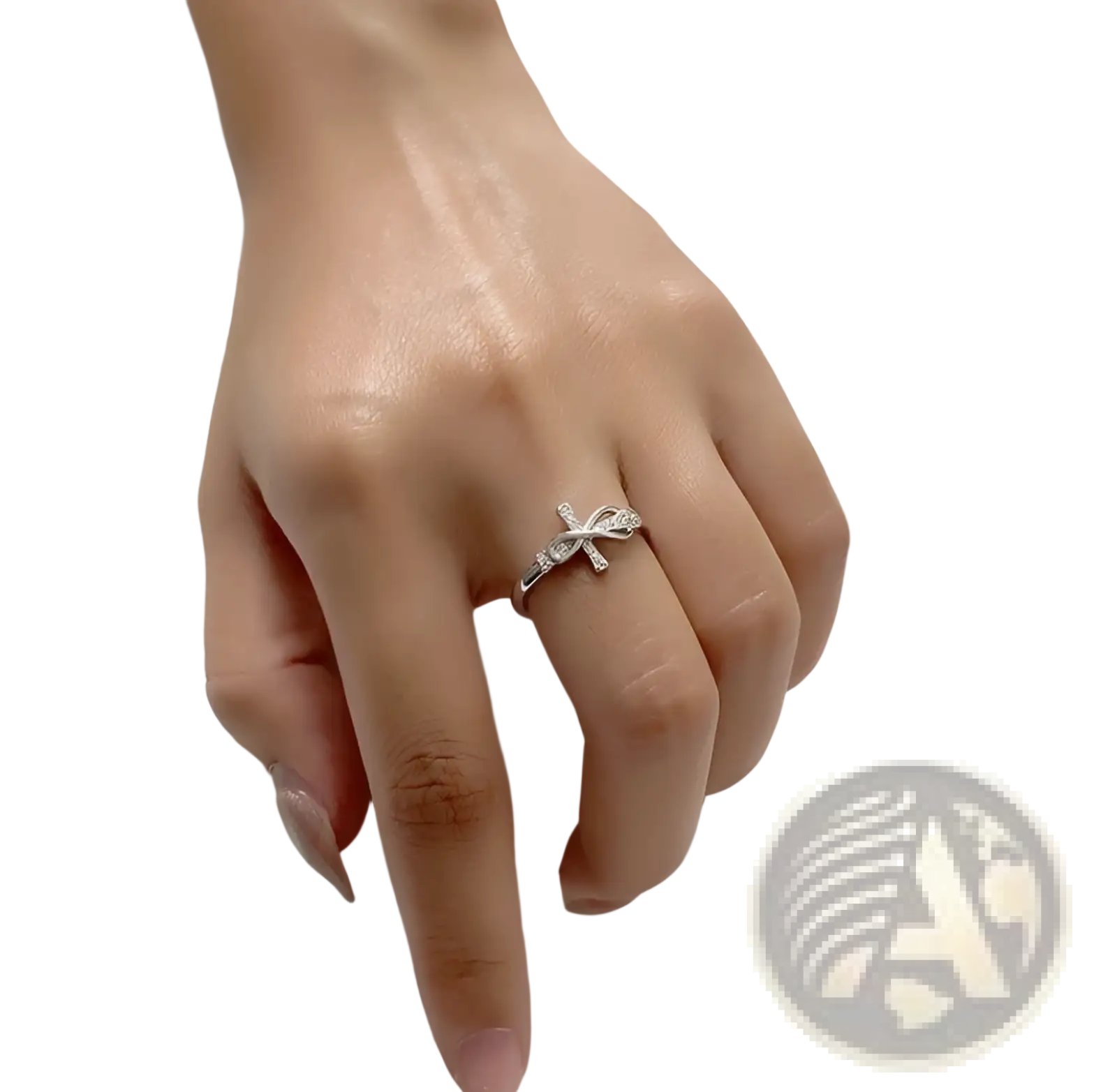 An adjustable silver ring for women featuring a delicate bow design adorned with sparkling crystals