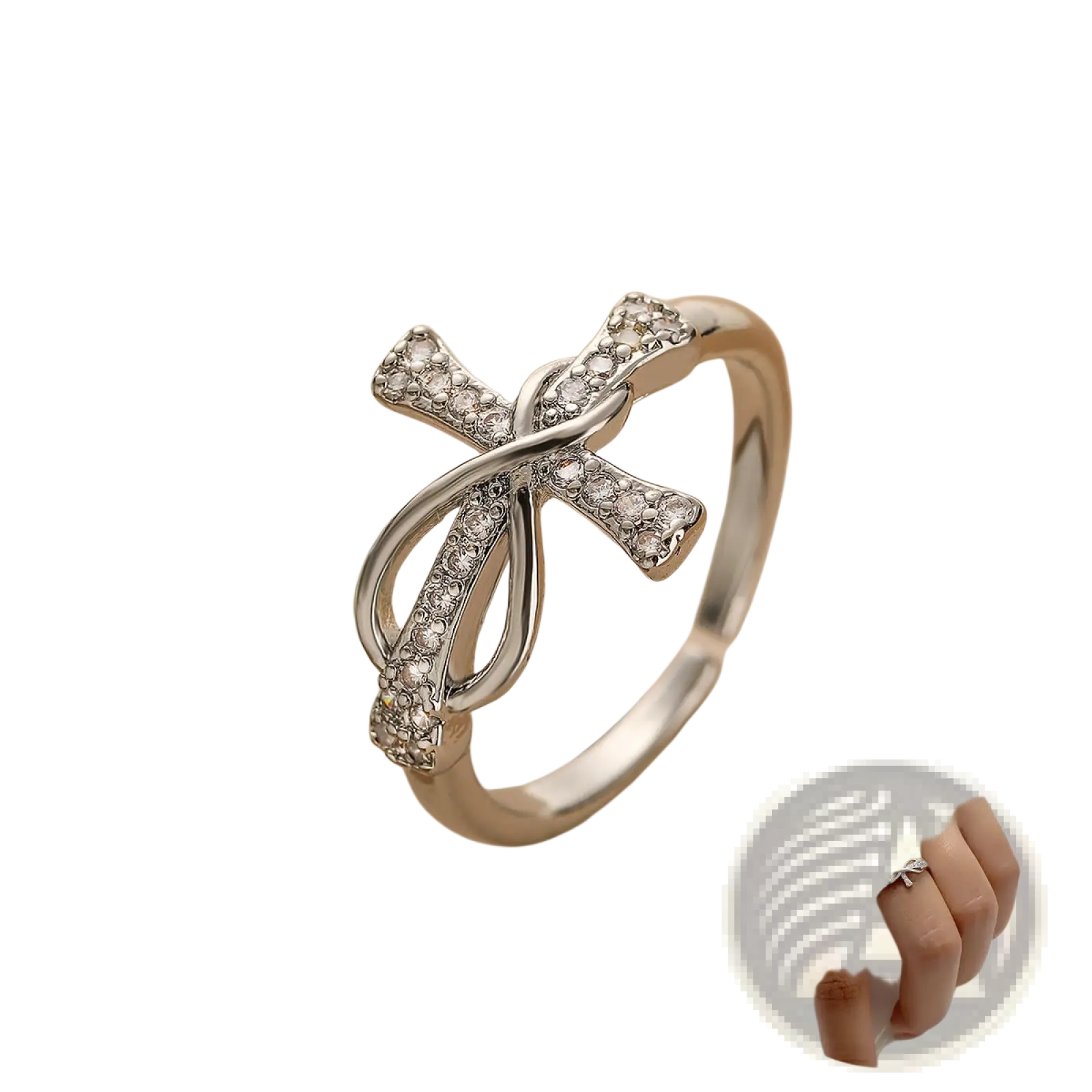 Adjustable silver cross and bow ring for women adorned with sparkling clear crystals in a delicate intertwined design