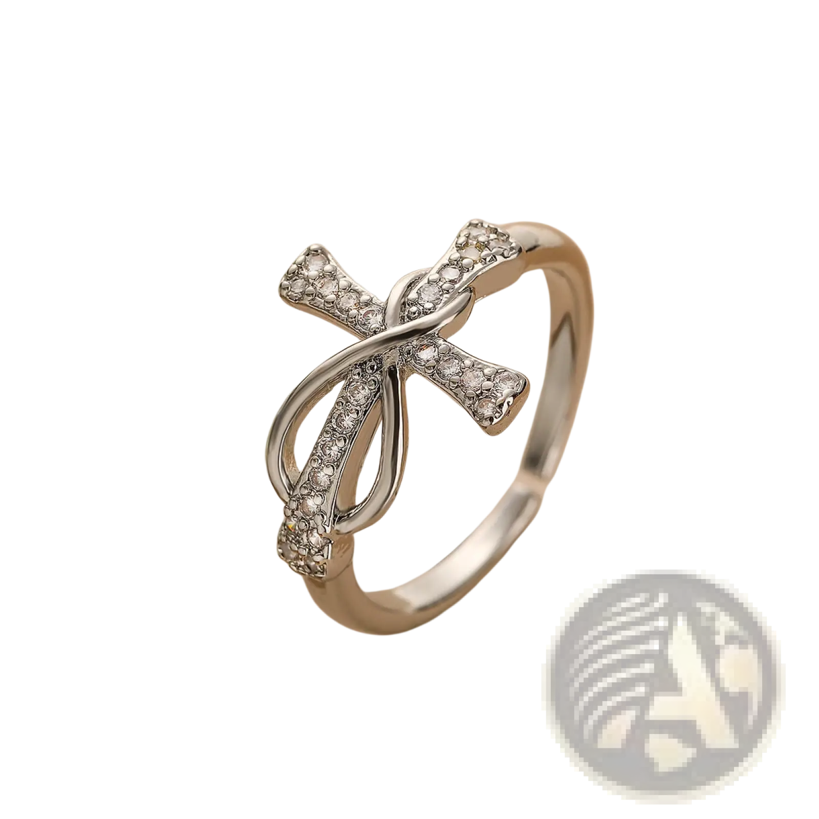 Adjustable silver cross and bow crystal ring for women with embedded clear crystals on a silver cross shape