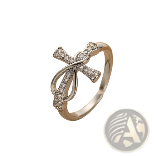 Adjustable silver cross and bow crystal ring for women with embedded clear crystals on a silver cross shape