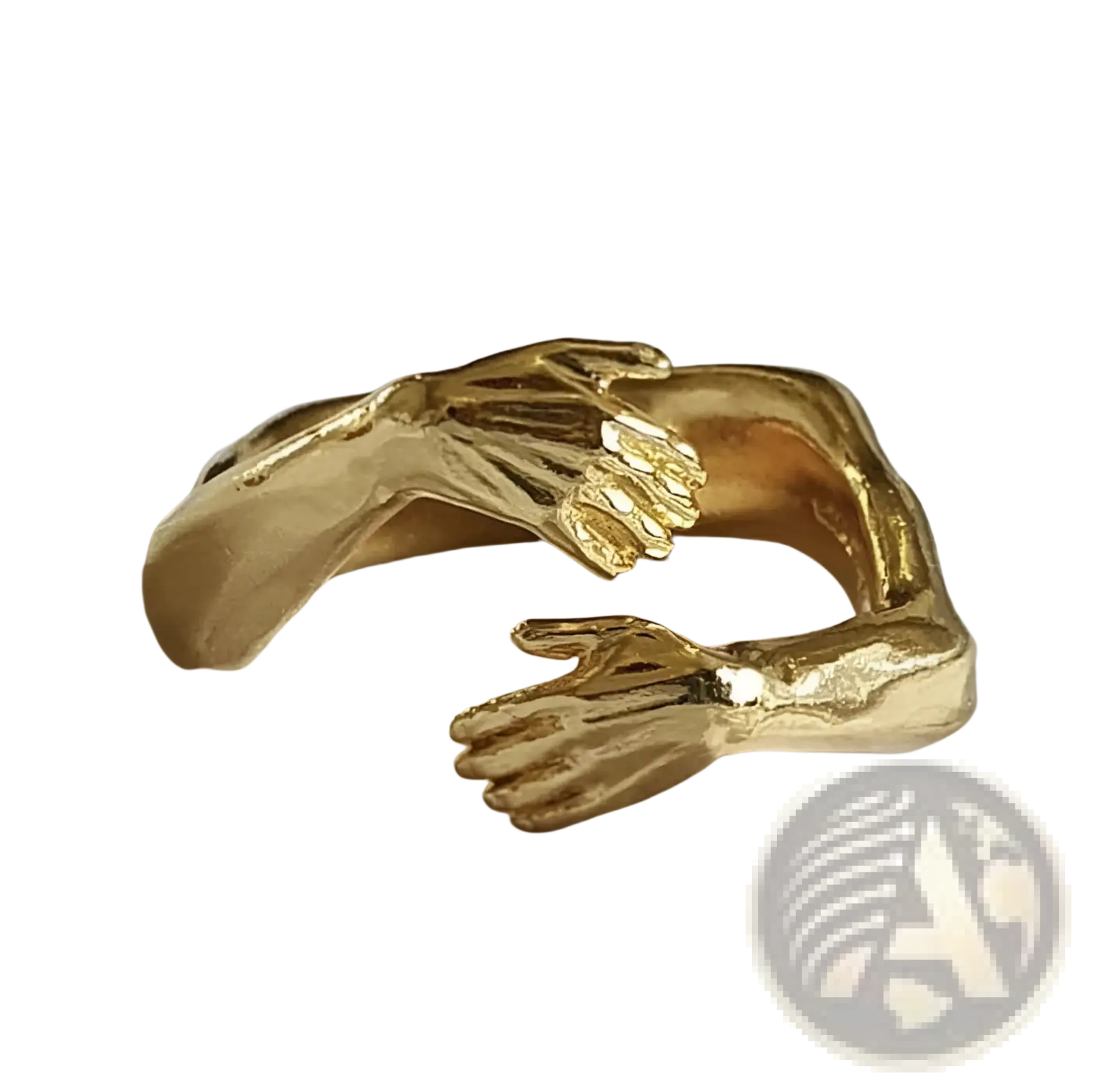 Adjustable gold-toned ring with two sculpted hands embracing each other in a gentle affectionate pose