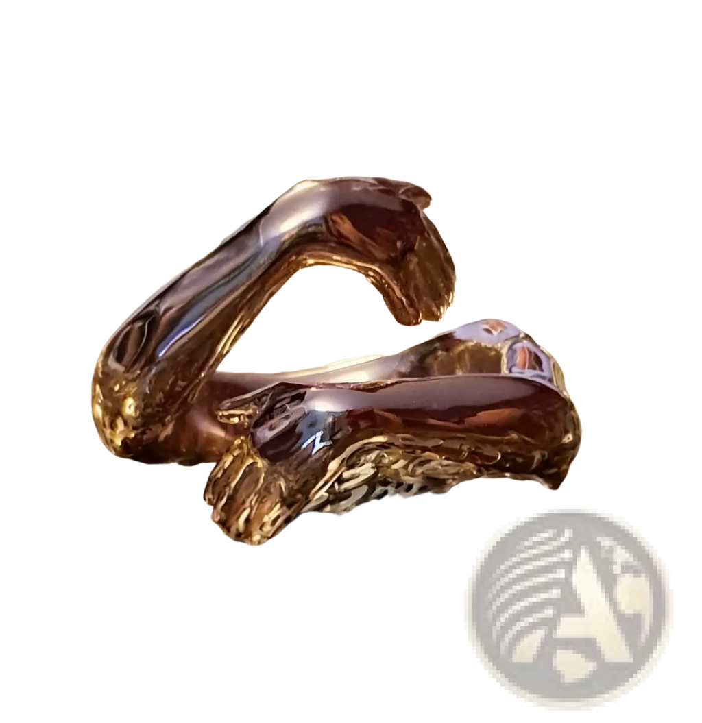 Adjustable silver hands embracing ring featuring a glossy dark brown ceramic stylized animal head with intricate detailing