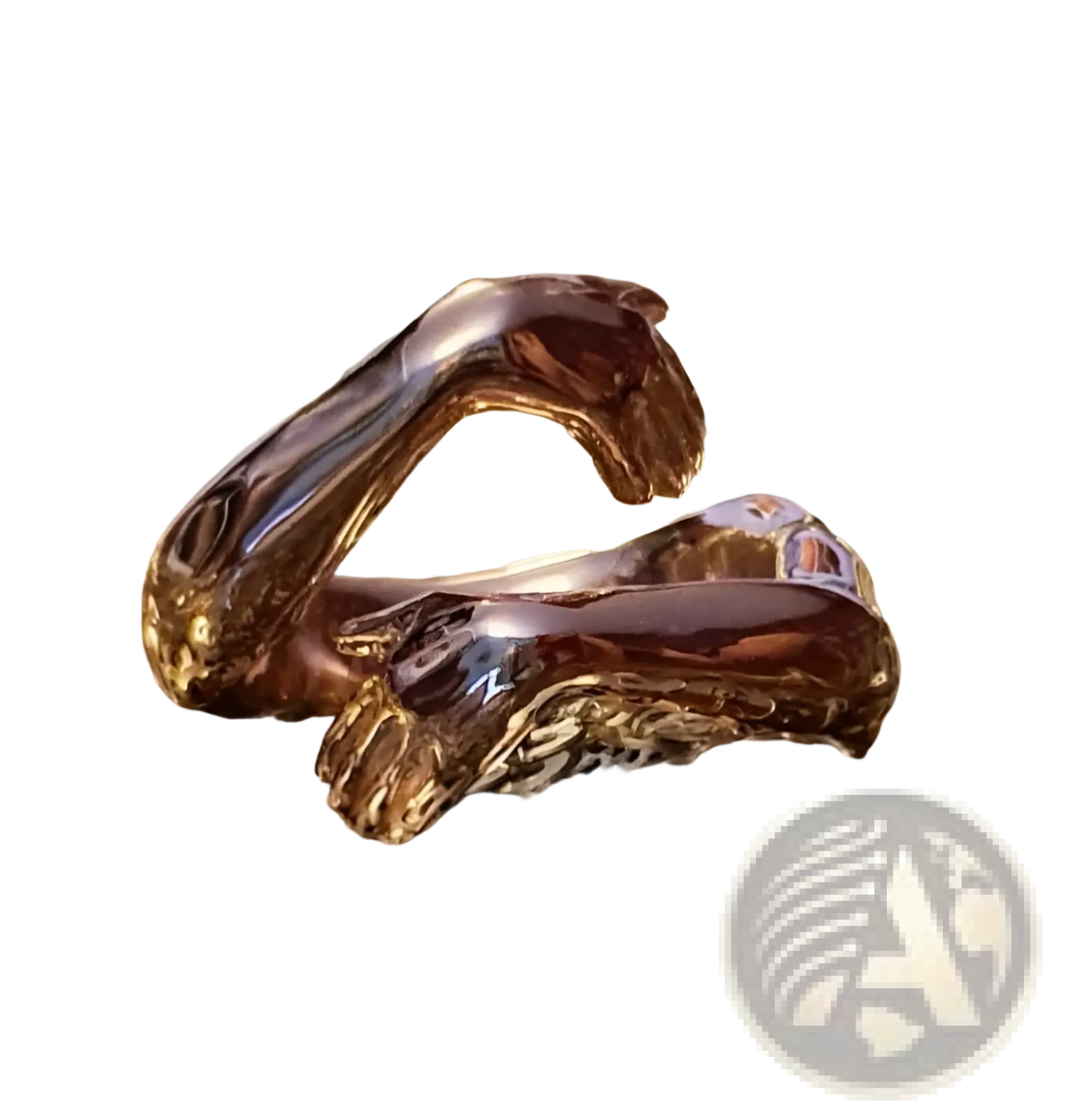 Adjustable silver hands embracing ring featuring a glossy dark brown ceramic stylized animal head with intricate detailing