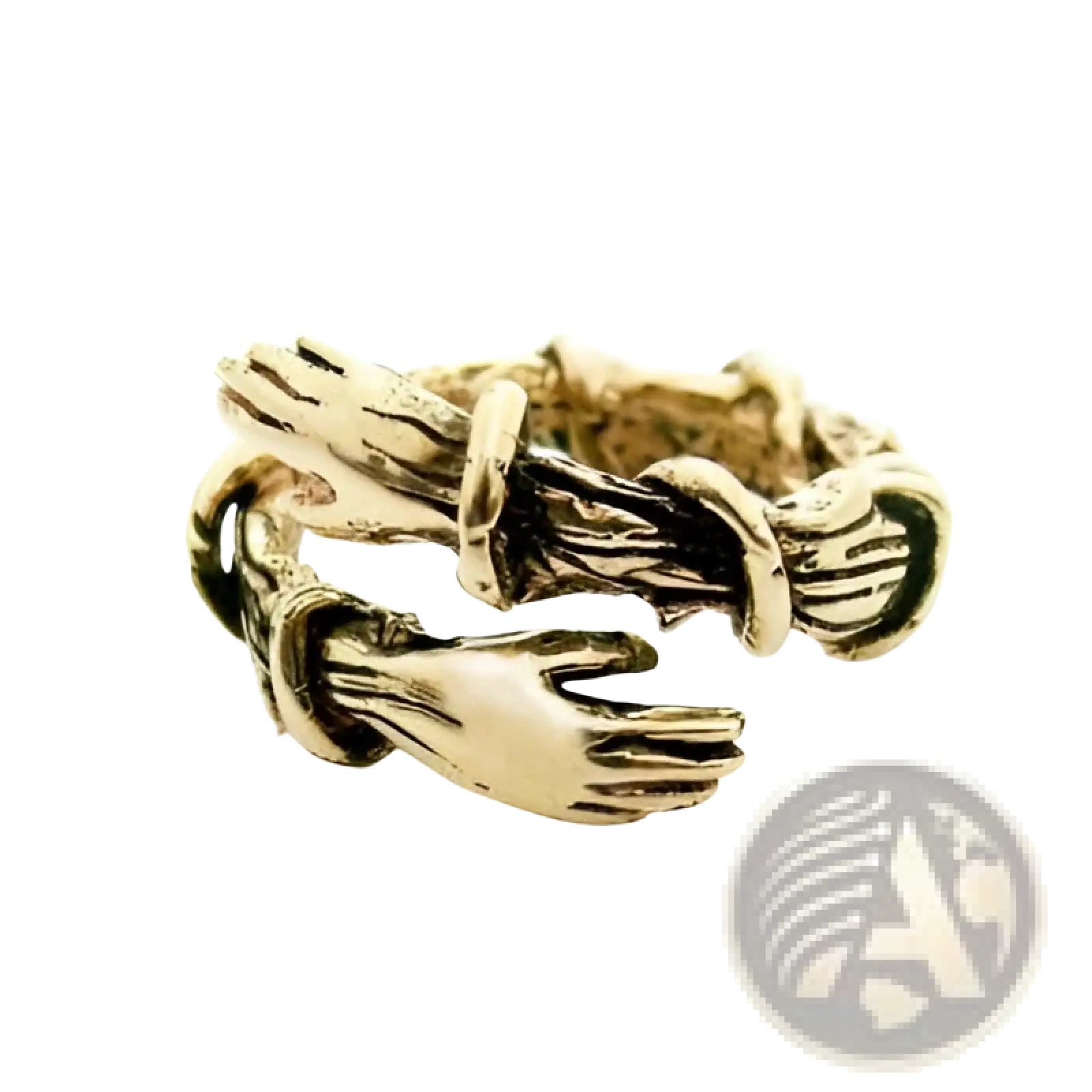 Adjustable gold-toned ring with intricately detailed intertwined hands in a clasped design featuring a red gemstone