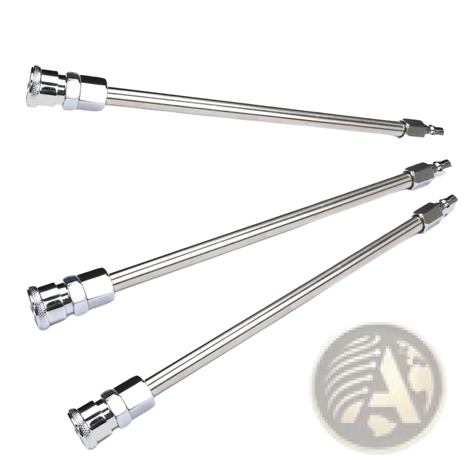 Adjustable silver metal 30cm extension rod set with three chrome finished air hose tubes and threaded connectors