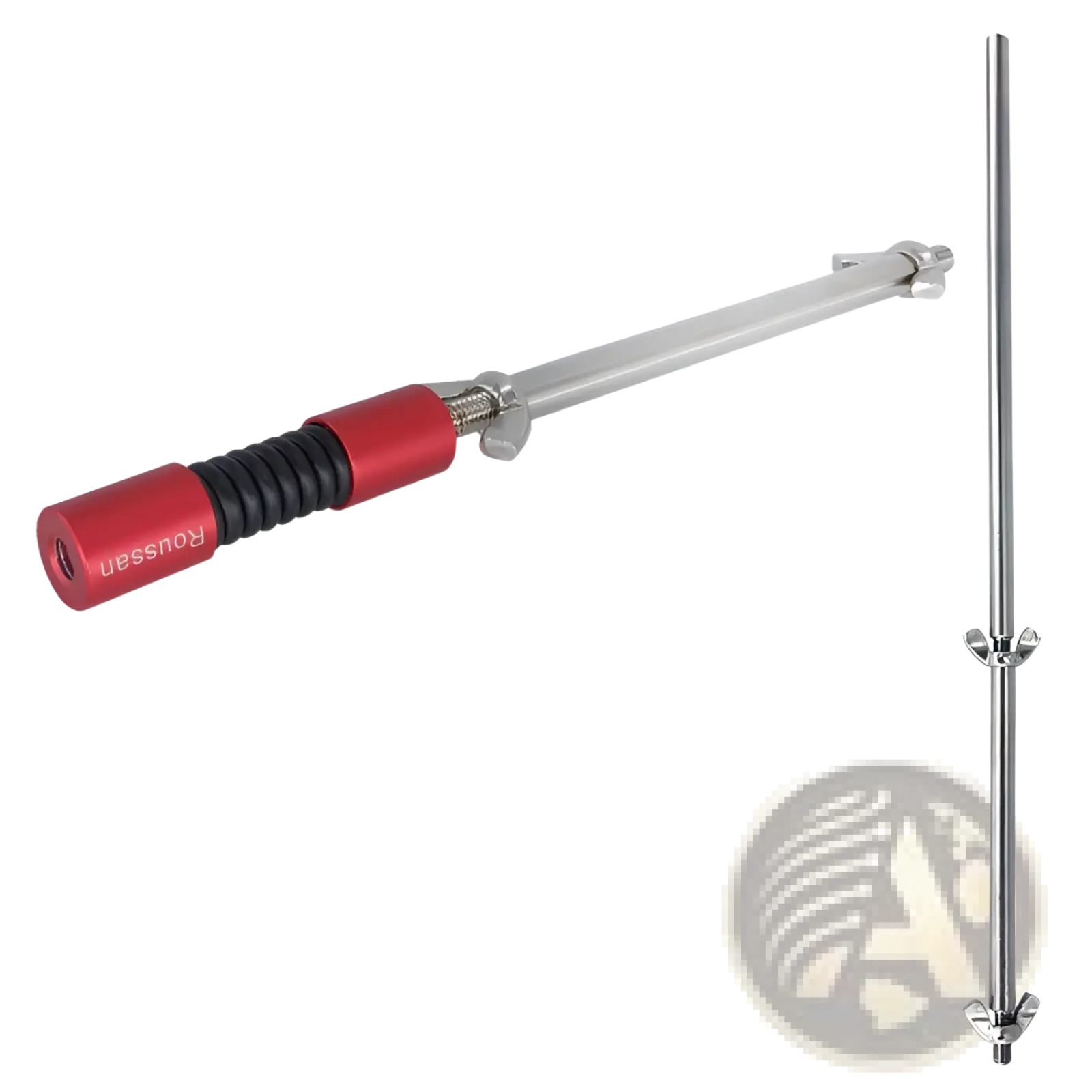 Adjustable silver metal 30cm extension rod set with red and silver adjustable drum stick holder and black rubber grip
