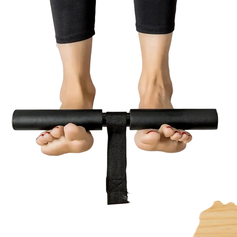 Adjustable sit up bar with black padded cylindrical handles and wide strap for core workout foot exercise