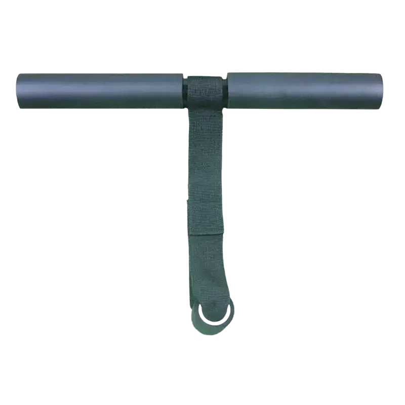 Dark gray adjustable sit up bar with t-shaped padded handles and fabric strap for core workout and cardio training