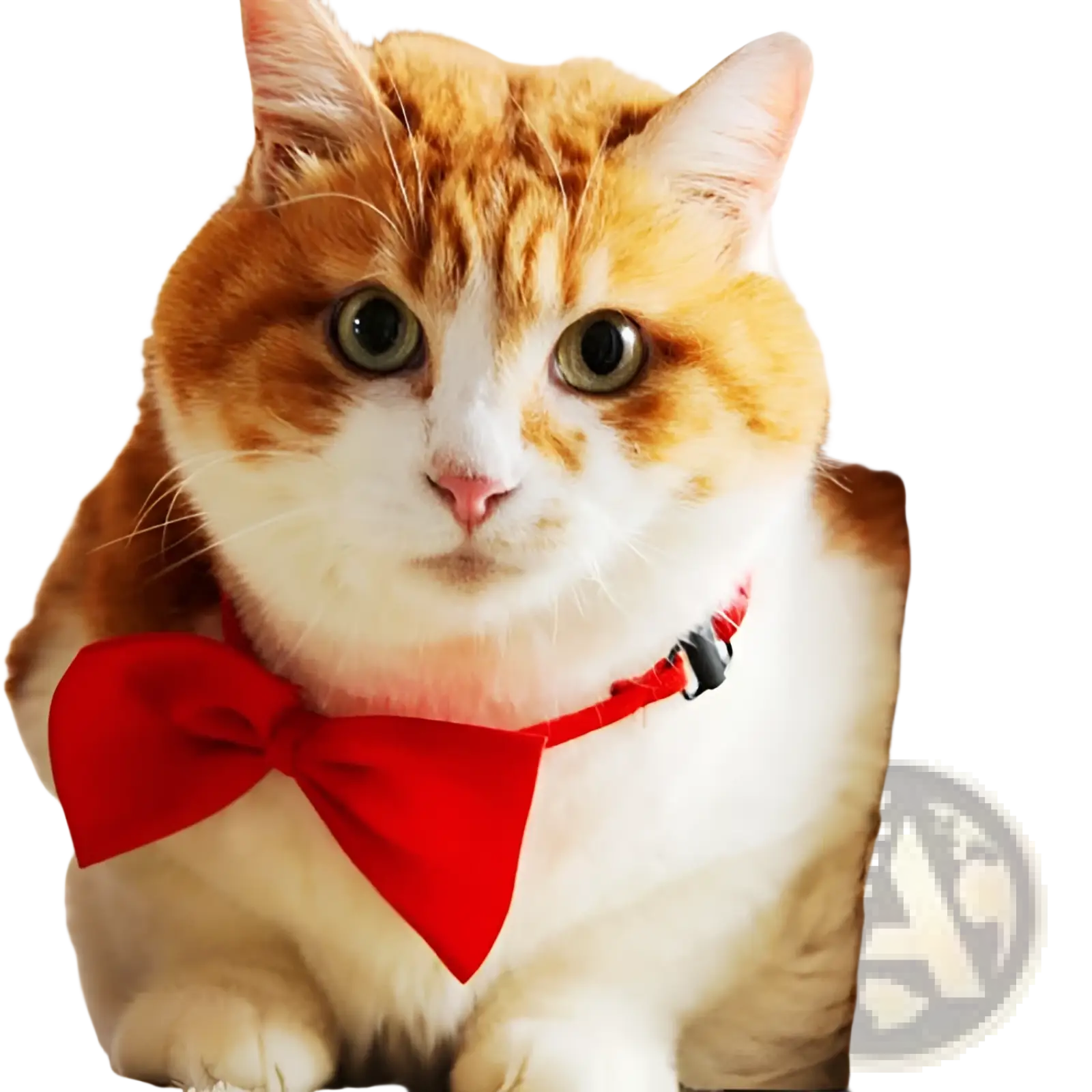 A fluffy orange and white cat wearing an adjustable solid color bright red bow pet collar for pets