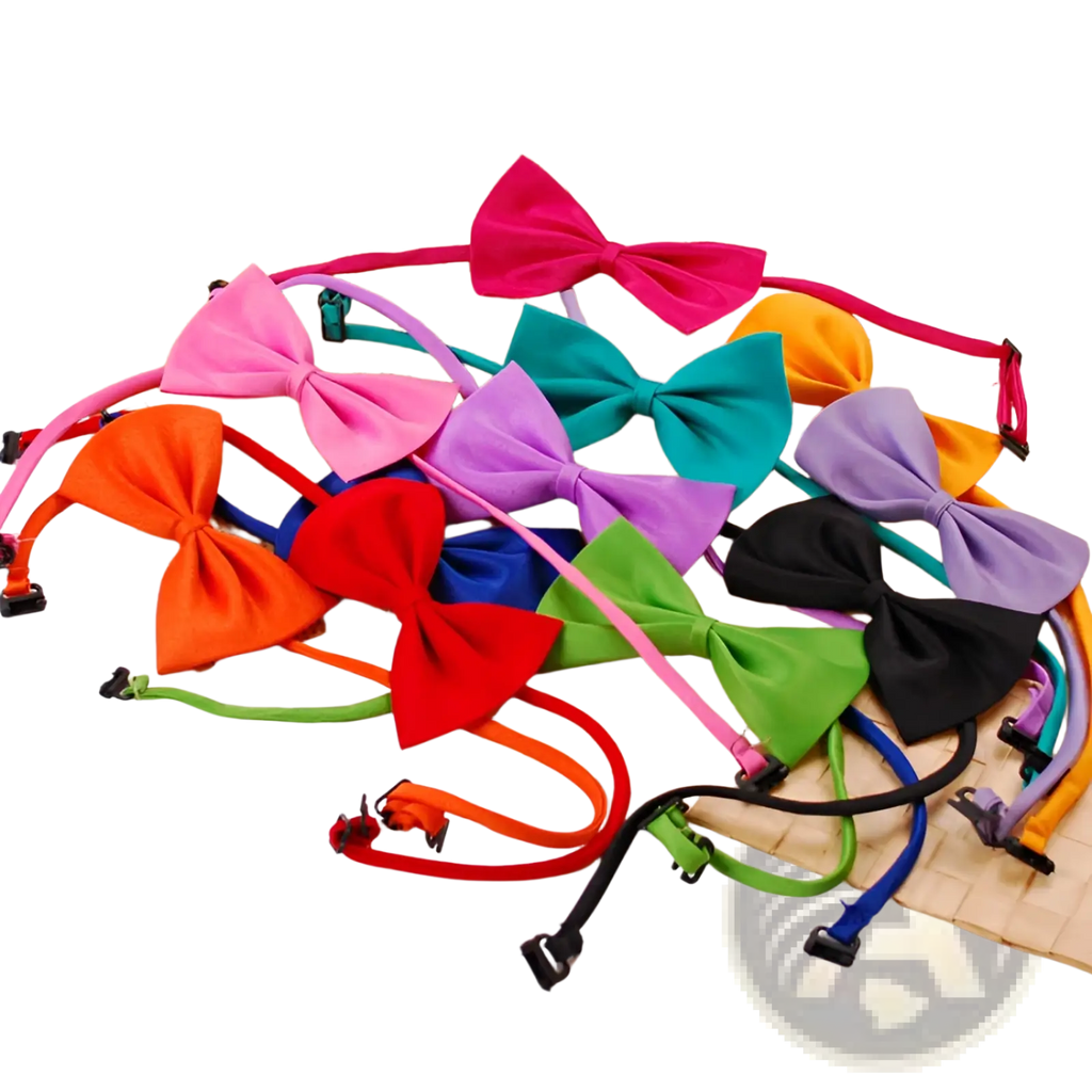 A vibrant collection of adjustable solid color bow pet collars with matching elastic bands and clasps