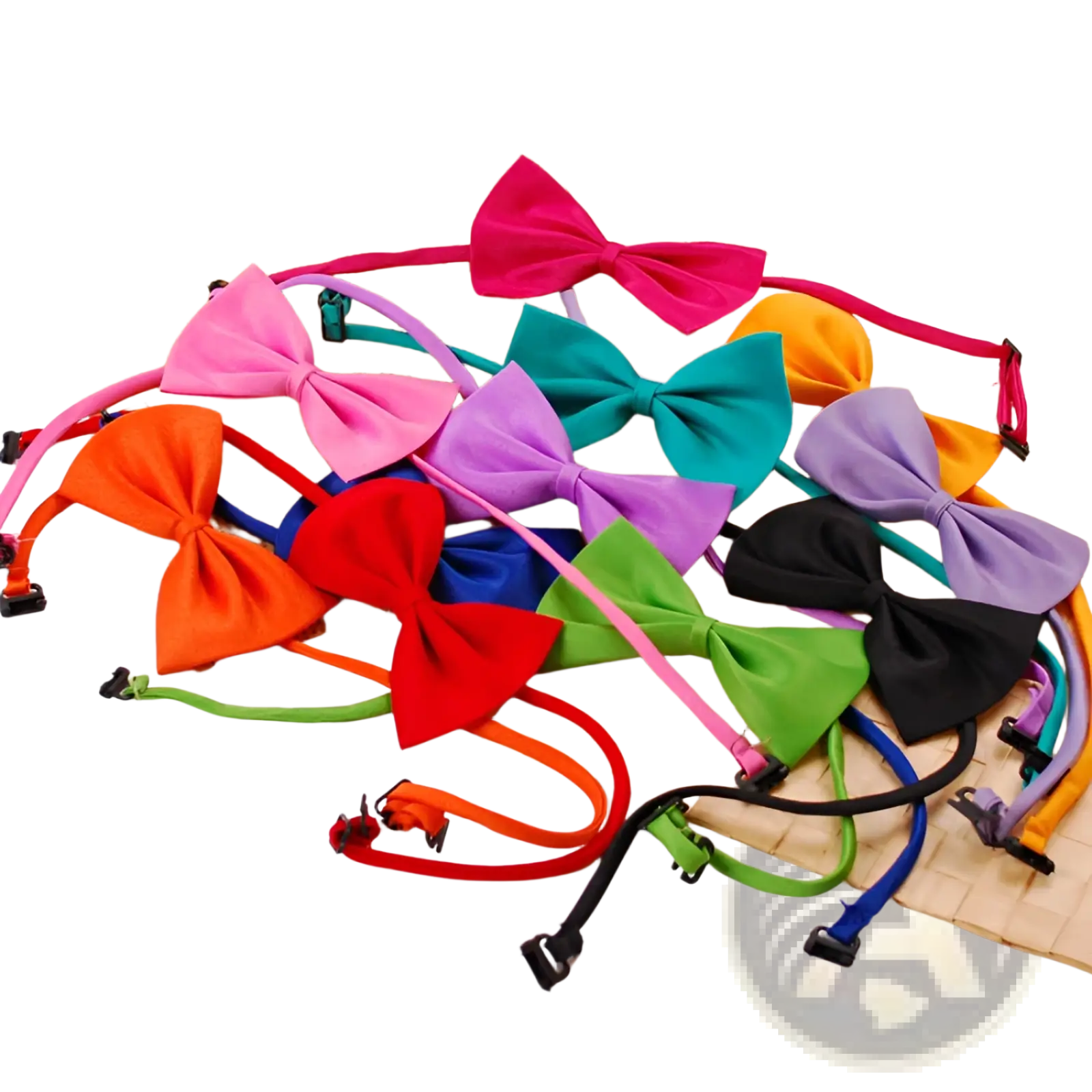 A vibrant collection of adjustable solid color bow pet collars with matching elastic bands and clasps