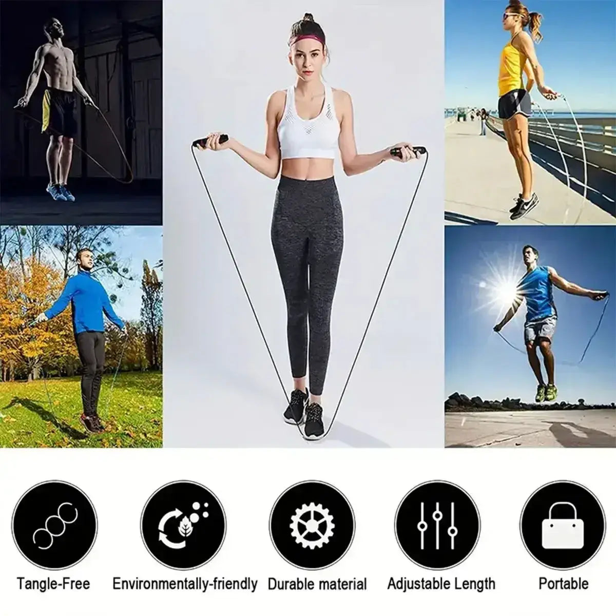 Black adjustable steel wire jump rope with ergonomic handles for comfortable fitness workouts
