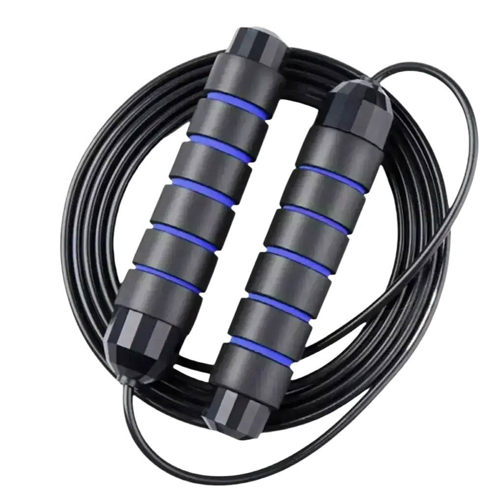 Adjustable steel wire jump rope with black textured segmented handles accented by vibrant blue stripes and red details