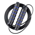 Adjustable steel wire jump rope with black textured segmented handles accented by vibrant blue stripes and red details