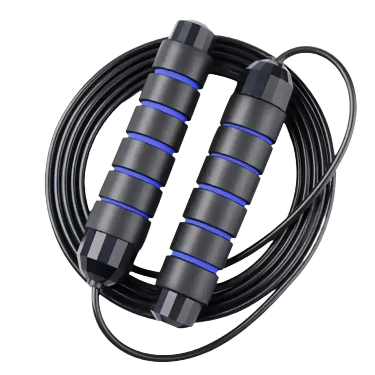 Adjustable steel wire jump rope with black textured segmented handles accented by vibrant blue stripes and red details