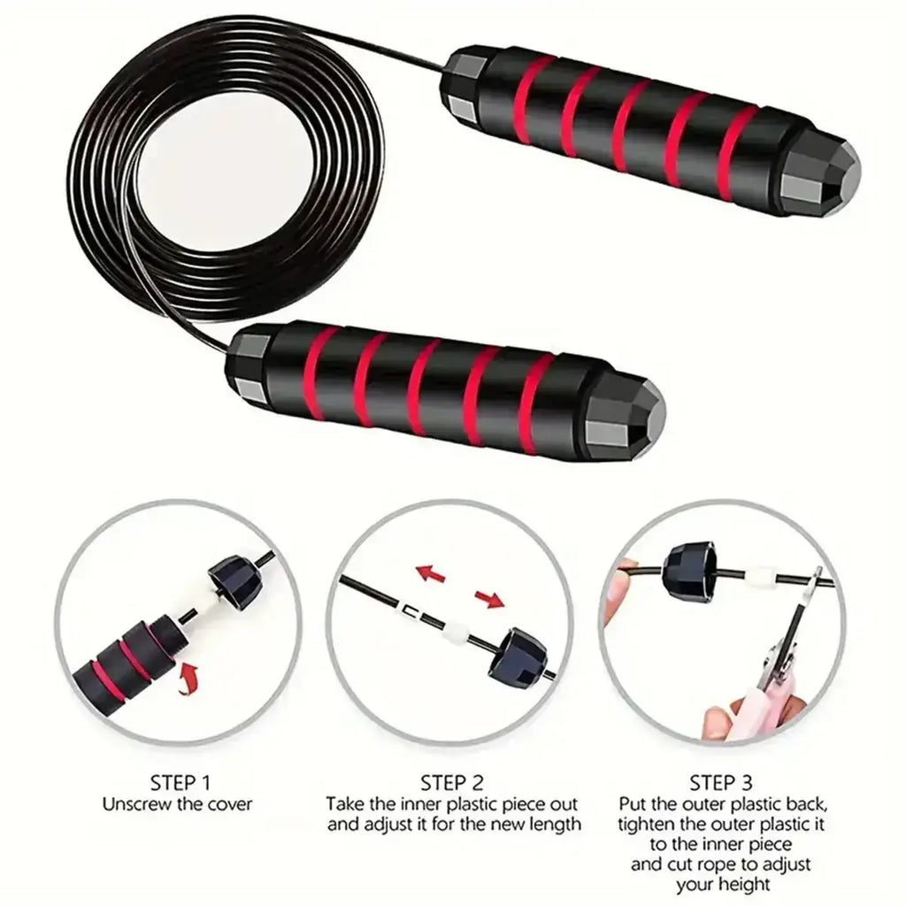 Adjustable steel wire jump rope with black and red textured handles for enhanced grip and durability