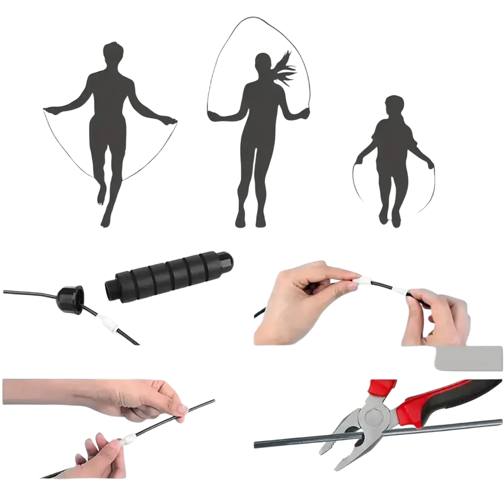 Adjustable steel wire jump rope in red and black with black textured handle and removable length-adjustable core