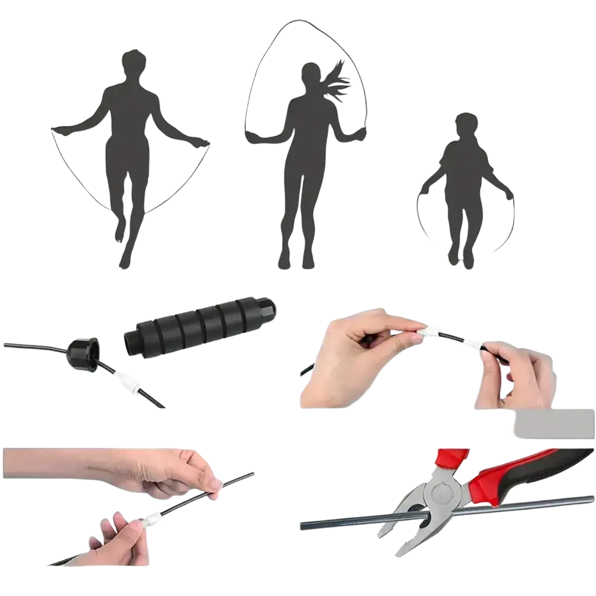 Adjustable steel wire jump rope in red and black with black textured handle and removable length-adjustable core