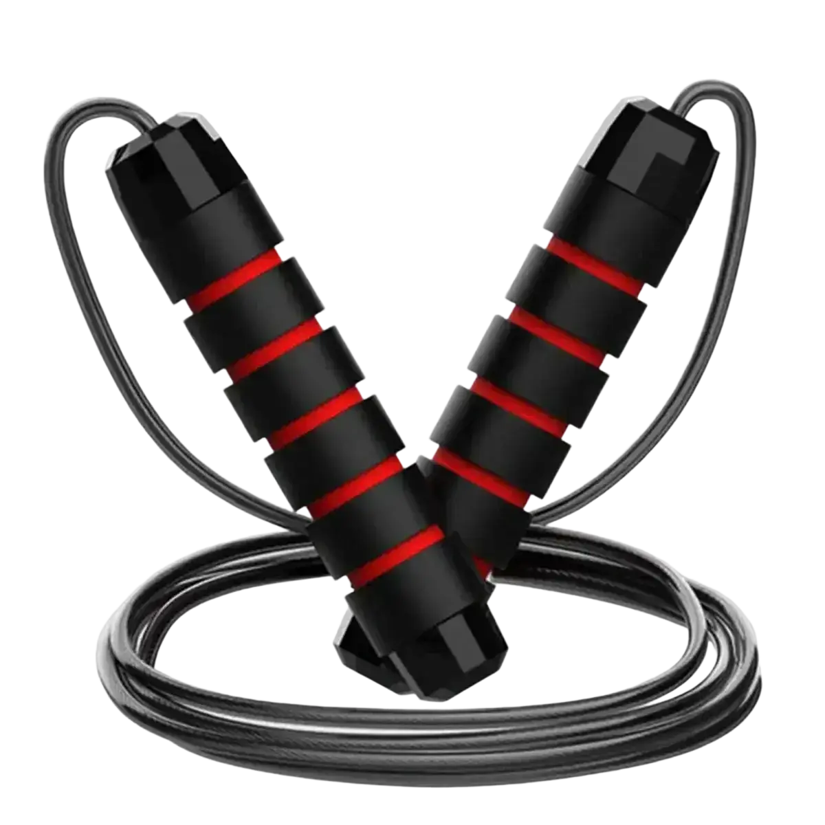 Adjustable steel wire jump rope in black and red with textured grip handles for comfortable use