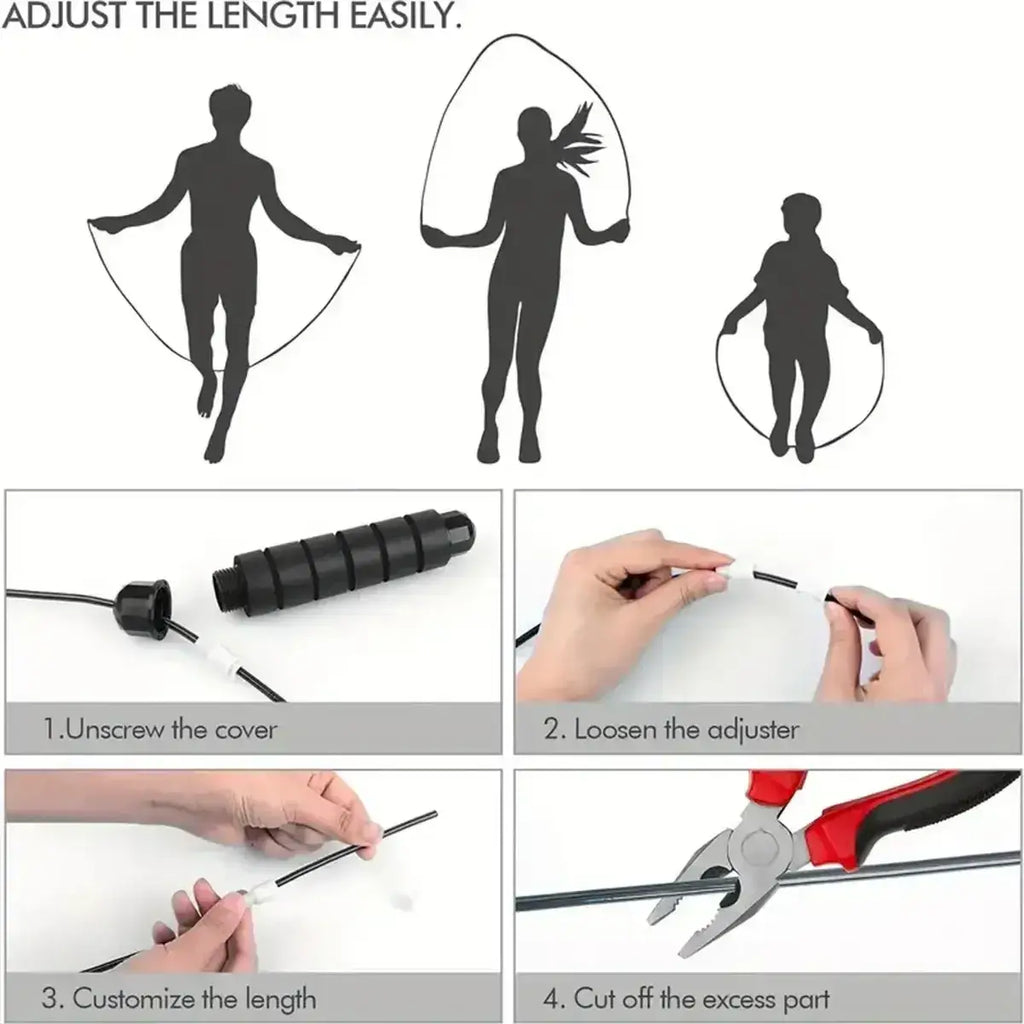 Adjustable steel wire jump rope black with segmented cylindrical handle for easy length customization