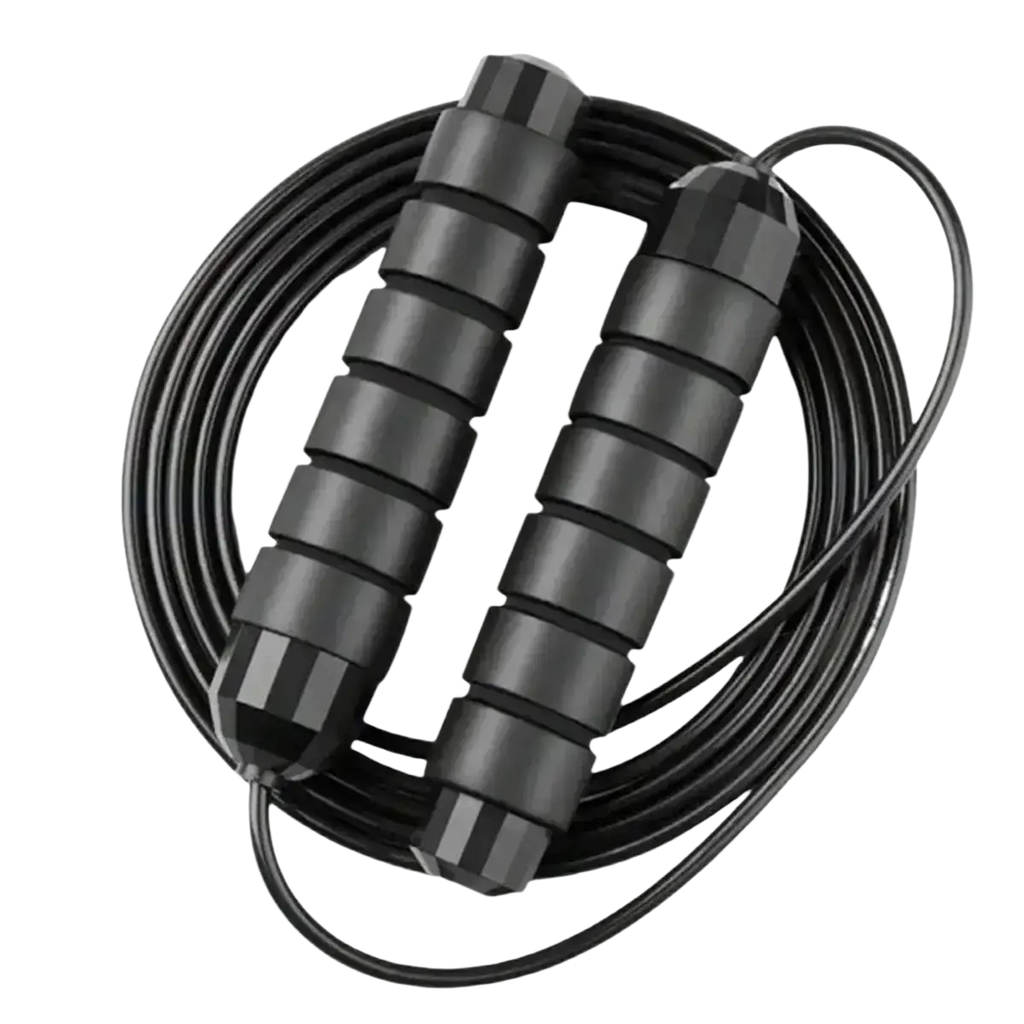Black adjustable steel wire jump rope with textured segmented handles for durable fitness training